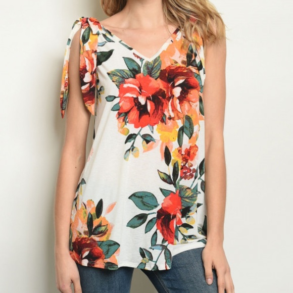 WHITE FLORAL V CUT & TIE STRAPS TOP - Picture 1 of 4